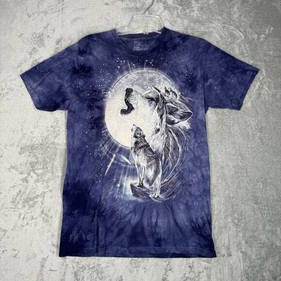 The Mountain Shirt‎ Mens Medium Blue Tie Dye Wolf Wolves Moon Novelty Casual - Picture 2 of 7